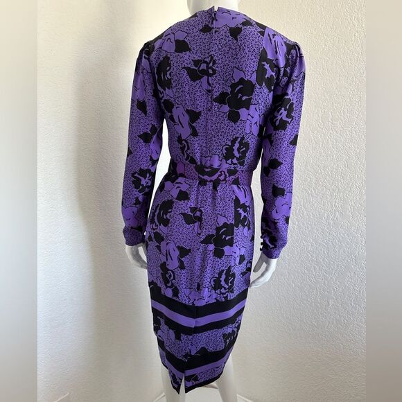 80s Dress Vintage Purple & Black Floral Long Sleeve Midi Dress - Picture 2 of 4